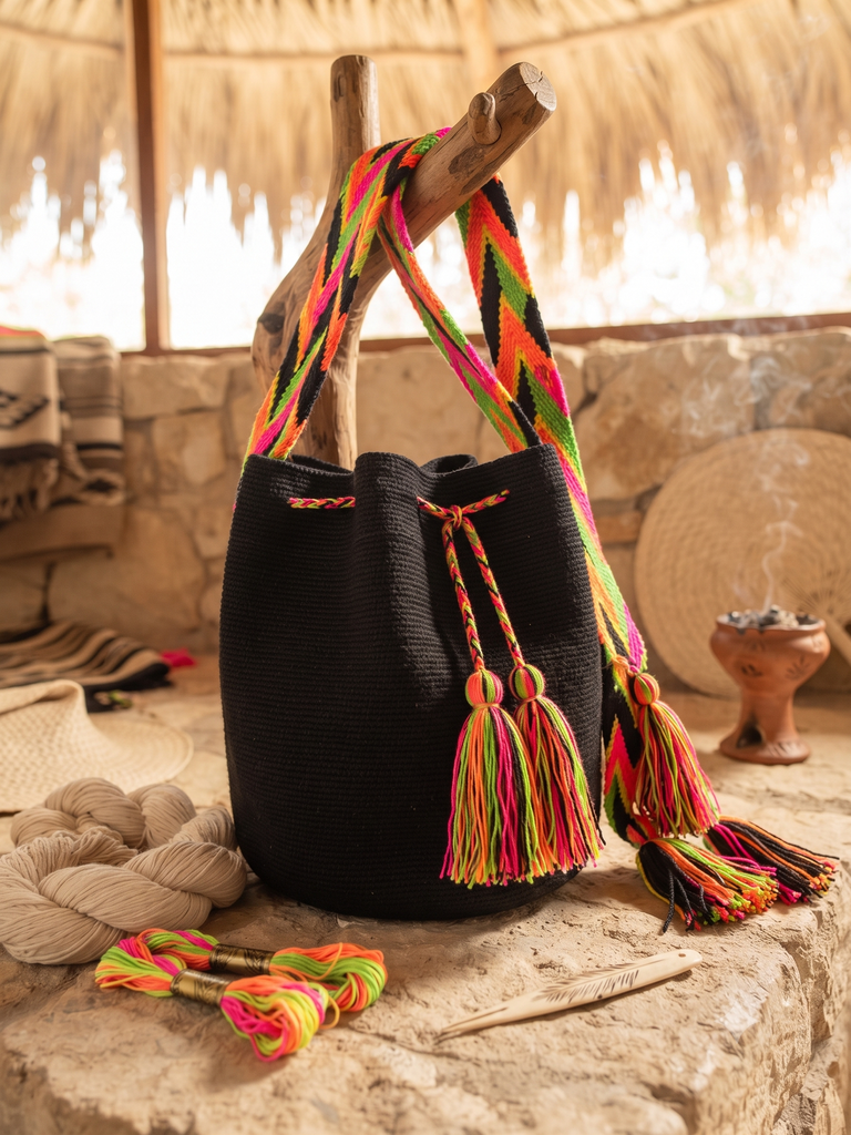 Bolso Artesanal Negro con Asa Multicolor
