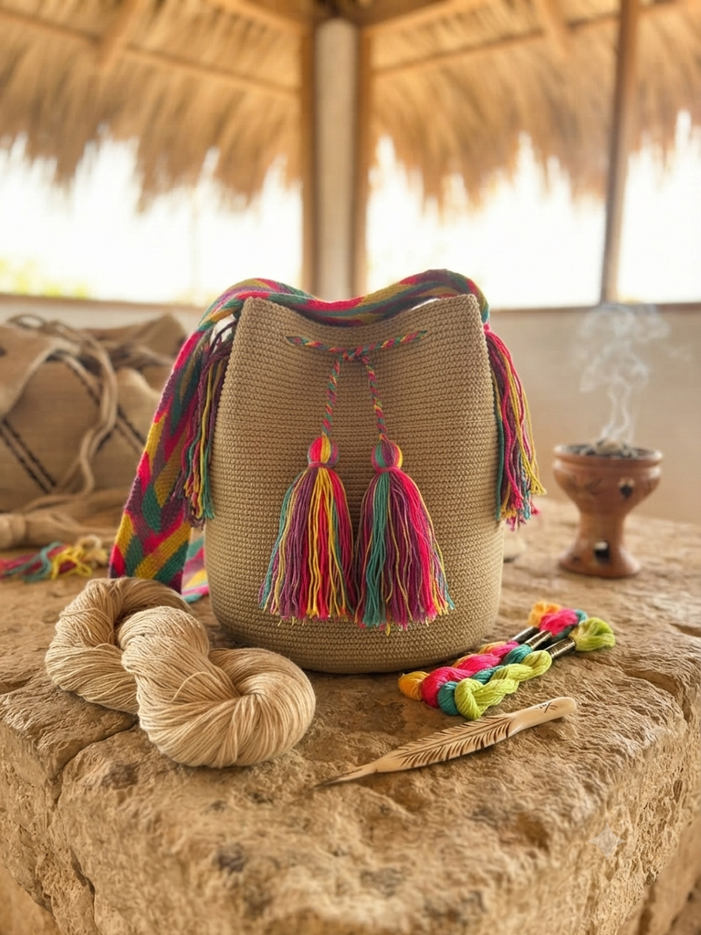 Bolso Artesanal de Lujo - Base Natural y Borlas Neón