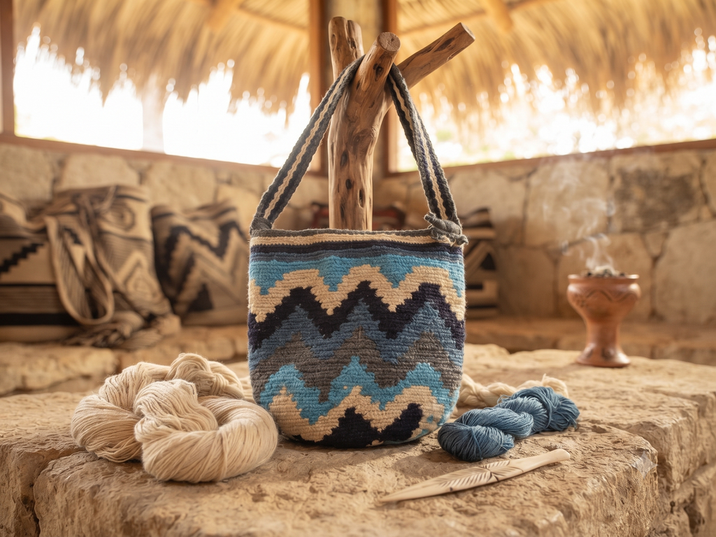 Mochila Wayuu de Alta Gama - Tonos Azules y Neutros