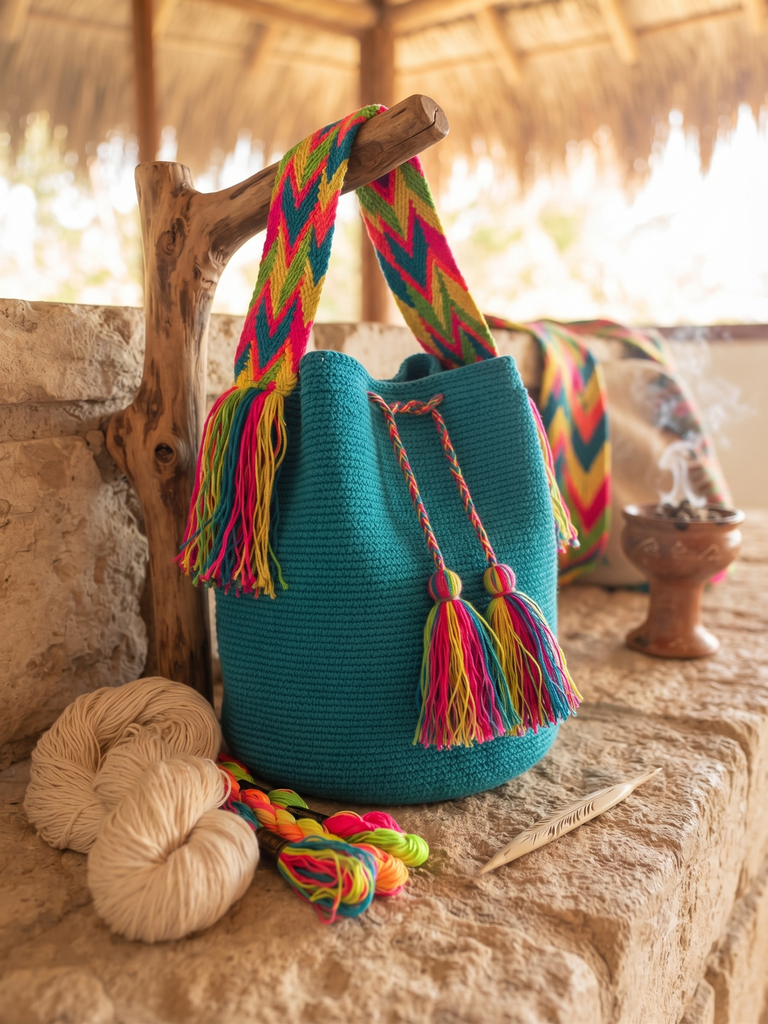 Mochila Wayuu Statement - Turquesa con Borlas Vibrantes