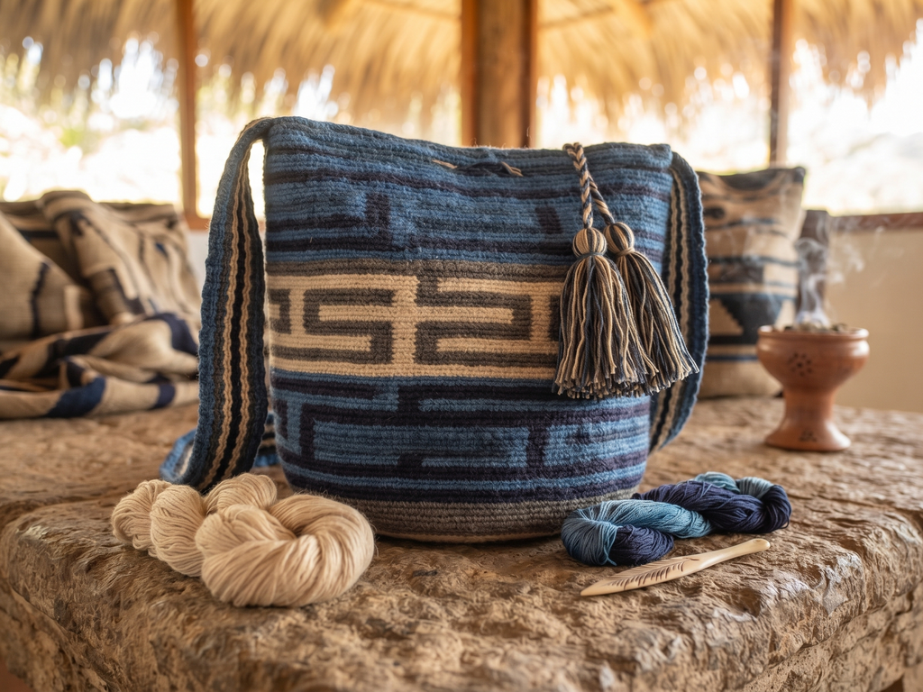Mochila Wayuu Statement - Tonos Azules y Texturas Ancestrales