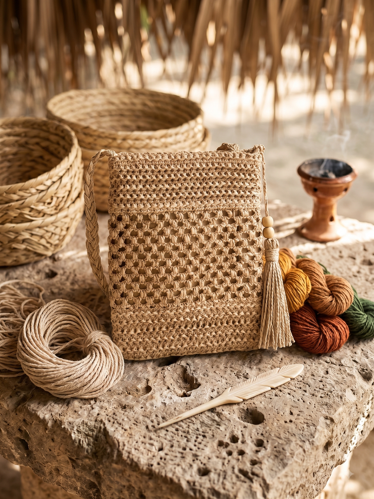 Mini Crossbody "Kilele" - Edición Rafia Tono Paja Clara