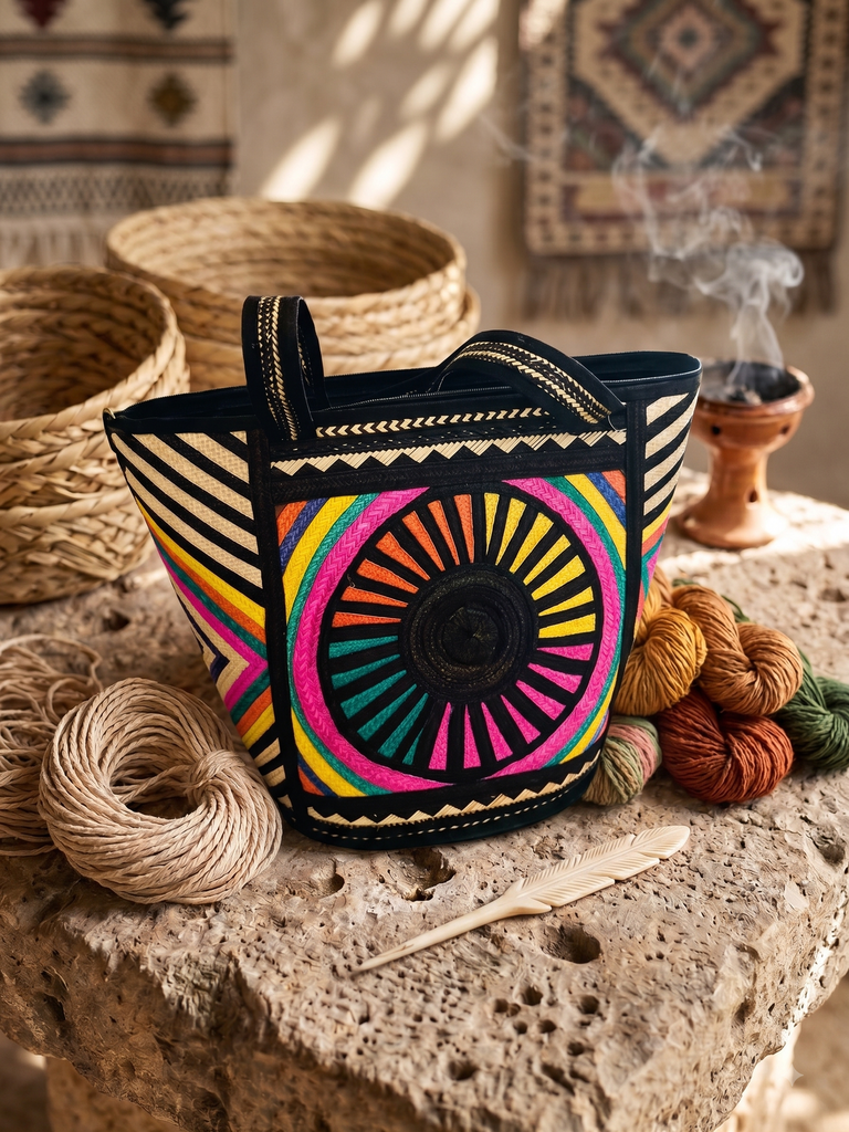 Maxi Tote Artesanal "Kilele" - Edición Étnica Fondo Negro